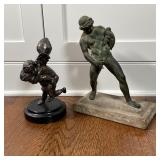 (2pc) STATUES | Including a man pouring wine from a bag (h. 9-1/2 in.), and two winged putti 