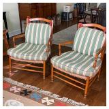 PAIR RUSH BERGERE CHAIRS | Ladder backs with rush seats, green upholstered cushions; 35 x 28 x 32 in