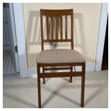 STAKMORE FOLDING CHAIR | Veneered slat back chair with a cushioned upholstered seat, folds for conve