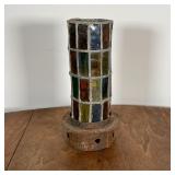 STAINED GLASS LANTERN Outsider-art, cylinder form with leaded stained glass panels; 10 in. 
