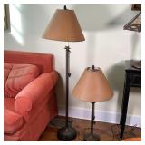 PAIR LAMPS | Brass posts with brown shades, pineapple pull decorations; floor lamp h. 54 in, table l