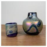 FREUND ART GLASS | including a vase with tapering neck (h.6-1/2 x dia. 6 in.) and a cylindrical cup 