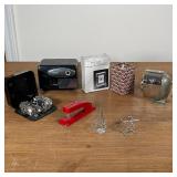 MISC LOT DESK ITEMS | including a magnet toy, two pencil sharpeners, red stapler, etc. 