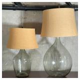 PAIR SIMILAR POTTERY BARN LAMPS | Recycled glass vase lamp bases topped with natural linen shades