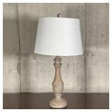 TABLE LAMP | Ash-colored turned wood lamp with matching globular finial and cream drum lampshade