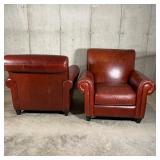 PAIR LARGE LEATHER CHAIRS | Rapallo Leather Company; pair of hardwood frame brown leather chairs