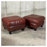 Chairs complete with foot rest ottomans, four dark brown block feet on each piece