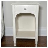 WHITE PAINTED SIDE TABLE | White side table or nightstand with a single top drawer with a glass pull