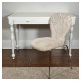 POTTERY BARN DESK AND CHAIR | A white-painted wood desk or vanity table with a single drawer
