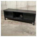 MEDIA CONSOLE | Dark stained wood TV stand with two glass window sliding doors, three partitions