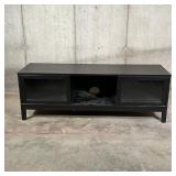 MEDIA CONSOLE | Dark stained wood TV stand with two glass window sliding doors, three partitions
