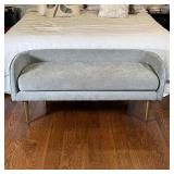 WEST ELM VELVET BENCH | Mid-century modern design bench with grey velvet upholstery over straight...