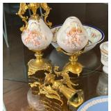 wedgwood plate, three painted items, to mounted bud vases (one detached), and a Bavarian china cylin