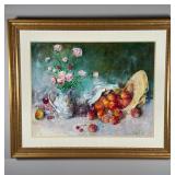 FRAMED STILL-LIFE PAINTING | Wall art, showing a still-life with flowers in a pitcher and fruit, mat