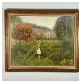 FRENCH SCHOOL (20th Century) | Oil on canvas painting showing a girl picking flowers, signed lower r