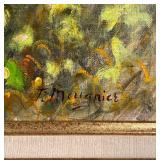 painting showing a girl picking flowers, signed lower right, "J. Ma-gnice"; overall 35 x 43 in.