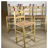 PAINTED ROOSTER STOOLS | A set of 4 stools, each with ladder backs and rush seats; h. 39 x 18 x 17