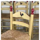 PAINTED ROOSTER STOOLS | A set of 4 stools, each with ladder backs and rush seats; h. 39 x 18 x 17