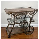 WROUGHT IRON & MARBLE BAR CART | Wrought iron patinated frame, marble top, two shelves with glass in