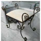 WROUGHT IRON WINDOW SEAT | Having scroll legs and outset scroll sides, upholstered seat (with some m