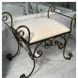 Having scroll legs and outset scroll sides, upholstered seat (with some marks/ staining); h. 26 x 17