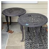 PAIR IRON LOW TABLES | pierced tops, on four legs; h/ 18 x dia. 21 in.