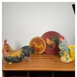 (4pc) ROOSTER FORM DECORATIONS | Including to figures, one majolica (14-1/2 in.) the other molded co