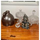 (5pc) DECORATIVE ITEMS | Including two glass dishes with lids, a ceramic jug, a crystal peach, and a