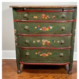 nice small size, grain painted top, green painted case and drawers with floral decoration; 33 x 30 x