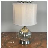MIRRORED GLASS LAMP | bulbous form lamp with patterned mirror finish; h. 17 x dia. 10 (with shade)