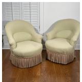 PAIR SLIPPER CHAIRS | green upholstery with a colorful rope apron; 32 x 28 x 30 in.