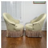 PAIR SLIPPER CHAIRS | green upholstery with a colorful rope apron; 32 x 28 x 30 in.