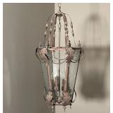 HALL LANTERN CHANDELIER | hanging fixture with pebbled paneled glass,  patinated metal leaves and sc