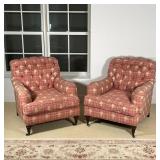 PAIR TUFTED LOUNGE CHAIRS | flowery upholstery, turned wood legs; h. 35 x 32 x 43