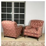 PAIR TUFTED LOUNGE CHAIRS | flowery upholstery, turned wood legs; h. 35 x 32 x 43