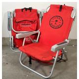 PAIR TOMMY BAHAMA BEACH CHAIRS | Red, with cooler pouches and backpack straps