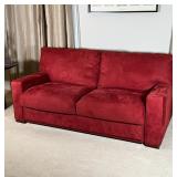 RED SUEDE DAY AND NIGHT SOFA | By Au; h. 35 x 76 x 42 in.