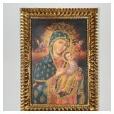 RELIGIOUS PAINTING ON CANVAS | In an intricate gilt frame; depicting Mary and Jesus with angels; ove