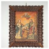 RELIGIOUS PAINTING ON CANVAS | In a carved wood frame; depicting young Jesus with Mary and Joseph; n