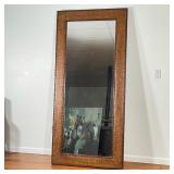 OVERSIZED WALL MIRROR | Faux alligator print padded frame with brass tacks, beveled mirror glass; 36