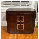 PAIR BEDSIDE TABLES | Side tables / nightstands having a dark wood finish with two horizontal drawer