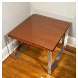 CONTEMPORARY SIDE TABLE | Wood with glass top over metal frame; 20 x 26-1/2 x 26-1/2 in.