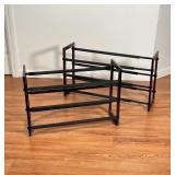 PAIR OF SHOE RACKS Pt 1 | Dark brown wood frame with black racks; 25 x 18 x 8-1/2 in. (telescoping)