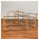 PAIR OF SHOE RACKS Pt 2 | Natural wood frame with metallic racks; 24-3/4 x 18 x 8-1/2 in (telescopin