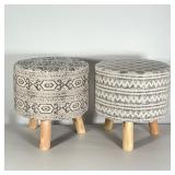 PAIR UPHOLSTERED FOOT STOOLS | Wood tripod bases; h. 15 x dia. 15 in.