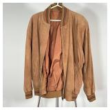 BROWN SUEDE BOMBER JACKET | Light bomber/varsity jacket with shoulder pads; labeled "Uru Sweaters Bu