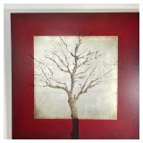 CONTEMPORARY TREE MIXED MEDIA | Outline of a tree on a silver and red background; 48 x 48 in.