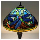 Tiffany style stained glass lampshade with dragonfly motifs and metal base; h. 24 x dia. 16-1/2 in.