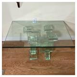 CUBIC ART COFFEE TABLE | Modern style architectonic low table having a square glass top on a stacked