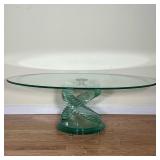 GLASS SPIRAL COFFEE TABLE | Modern style oval top glass low table over a double stacked spiral pedes